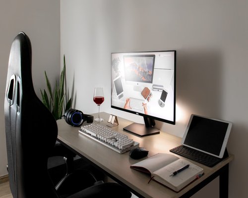Ergonomic home office workspace setup with good lighting